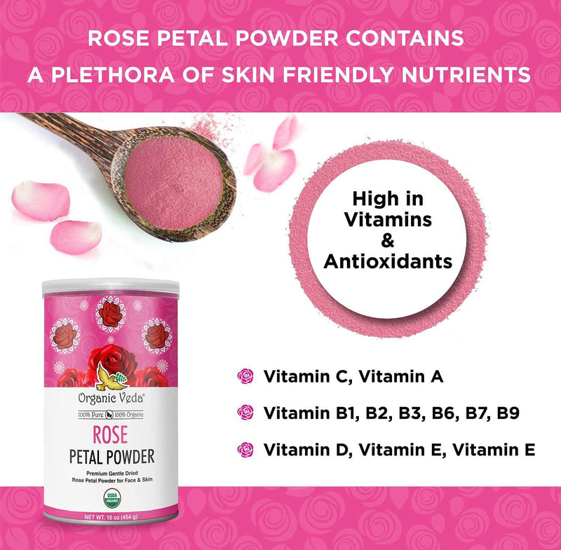 Organic Veda Rose Petal Powder 7 Ounce | USDA Certified Organic, Premium 100% Pure Edible Grade Red Rose Powder, Non GMO | All Natural Face Mask