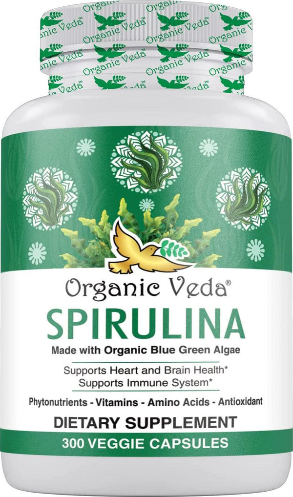 Organic Veda Spirulina Capsules – Green Superfood Made from Organic Blue-Green Algae Packed with Nutrients, Vitamins, Amino Acid, and Antioxidant – Supports Immune System (300 Count)