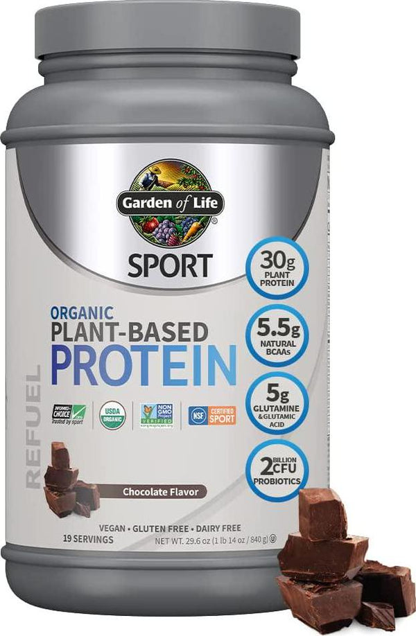 Organic Vegan Sport Protein Powder, Chocolate - Probiotics, BCAAs, 30g Plant Protein for Premium Post Workout Recovery, NSF Certified, Keto, Gluten and Dairy Free, Non GMO, Garden of Life - 19 Servings