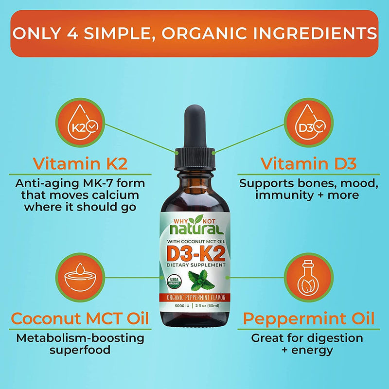 Organic Vitamin D3 K2 (MK-7) Liquid Drops, 5000 IU of sublingual D3 with Coconut MCT Oil, for Strong Bones and Teeth, Heart and Immune Support