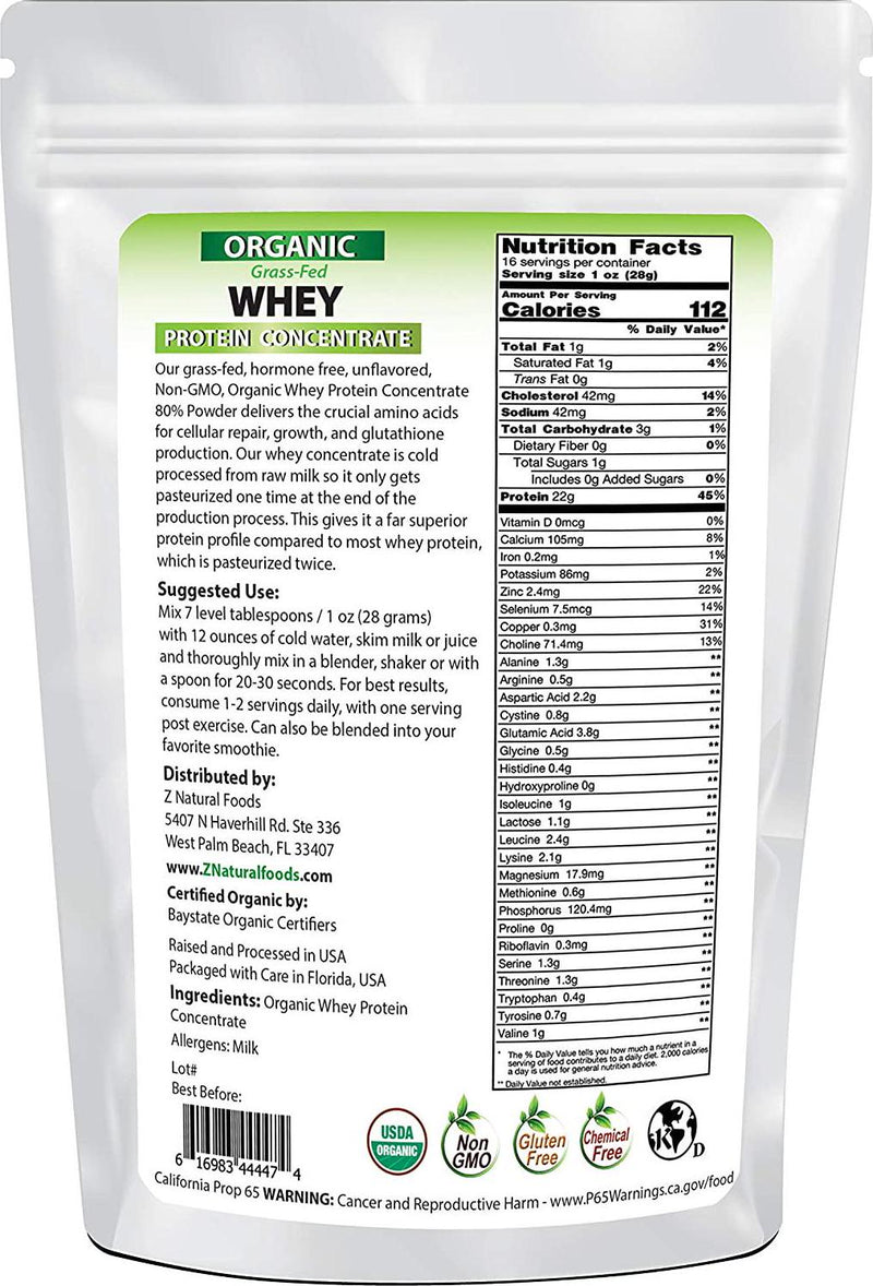 Organic Whey Protein Powder - 1 lb - Grass Fed, Unflavored, Hormone Free, Non GMO, Gluten Free, Kosher - All Natural Whey Concentrate - Perfect for Keto and Paleo Drinks, Shakes, Smoothies, and Recipes