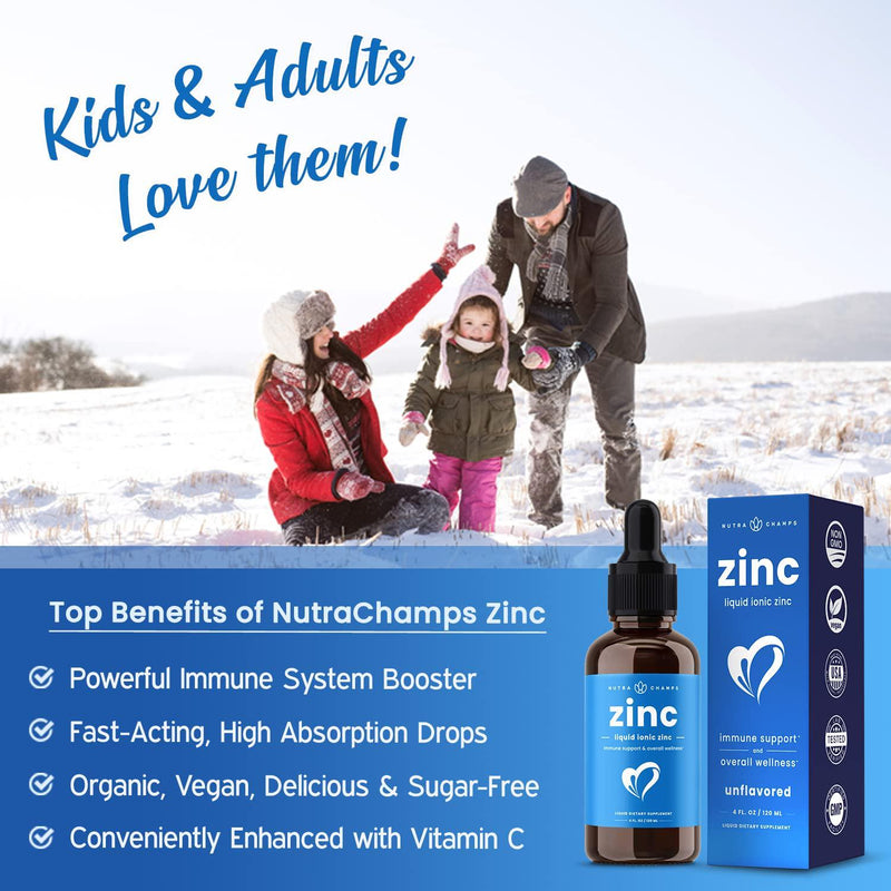 Organic Zinc Sulfate Liquid Supplement - Immune Support System Boost - Pure Ionic Concentrated Mineral Drops for Men, Women and Kids Enhanced with Vitamin C - 4 oz Great Tasting Immunity Booster