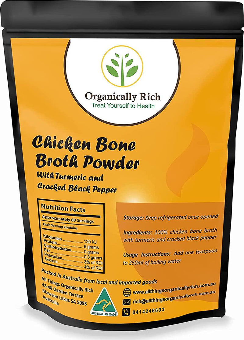 Organically Rich Chicken Bone Broth Powder - Rich in Collagen Nutrients And Essential Amino Acids | With Turmeric and Cracked Black Pepper | Helps Fortify Your Joints Bones Skin Hair Nails 250g Pack