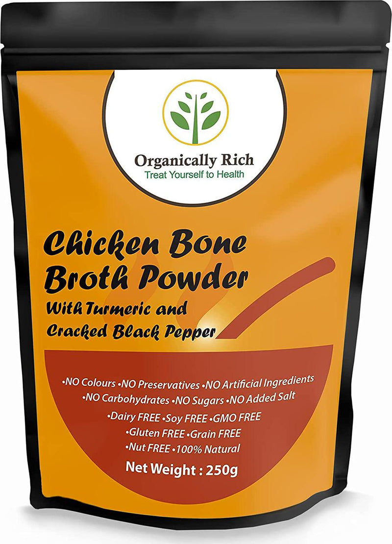 Organically Rich Chicken Bone Broth Powder - Rich in Collagen Nutrients And Essential Amino Acids | With Turmeric and Cracked Black Pepper | Helps Fortify Your Joints Bones Skin Hair Nails 250g Pack