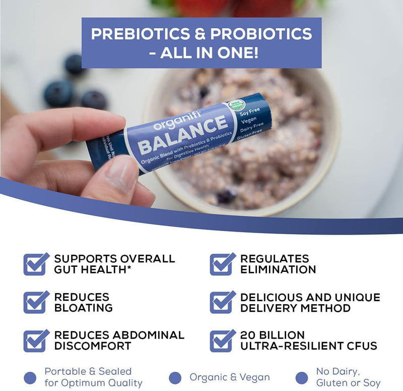 Organifi: Balance - Prebiotic and Probiotic Supplement - 30 Portable Sticks - Organic, Vegan, No Gluten, Dairy, or Soy - for Immune Support, Gut Health, and Improved Nutrient Absorption