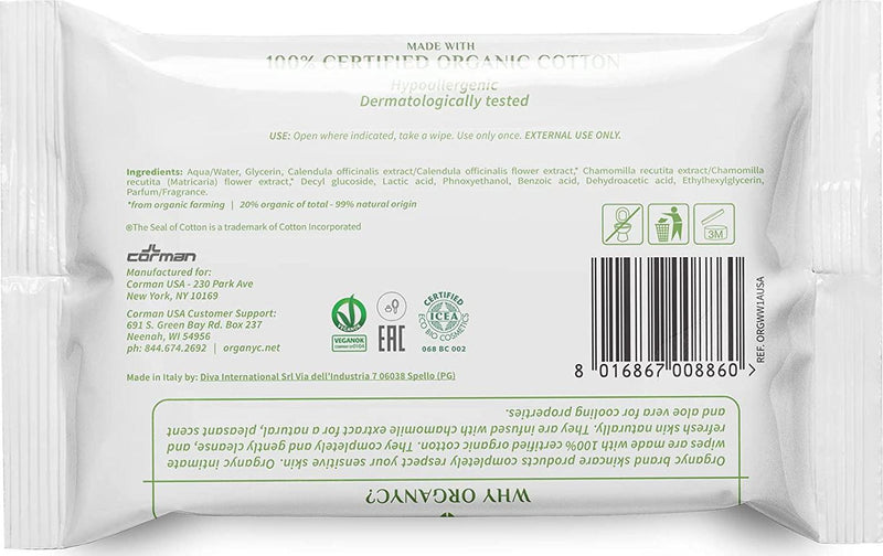 Organyc - 100% Organic Cotton Intimate Wet Wipes, No Parabens, Alcohol, or Chlorine -, White, 20 Count (Pack of 1) (ORGWW1A)