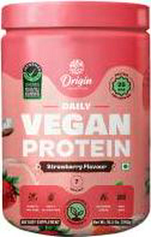 Origin Nutrition 100% Natural Vegan Protein Powder, Strawberry Flavour with 25g Plant Based Protein, Gluten Free, Dairy Free, No Added Sugar, Soy Free, Kosher, Non - GMO, 7 Servings