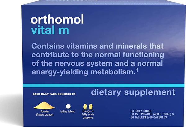 Orthomol Vital M Powder and Tablet Packet, Men&#039;s Multivitamin, 30-Day Supply, Vitamins A, B, C, D, E, K, Iodine, Omega-3