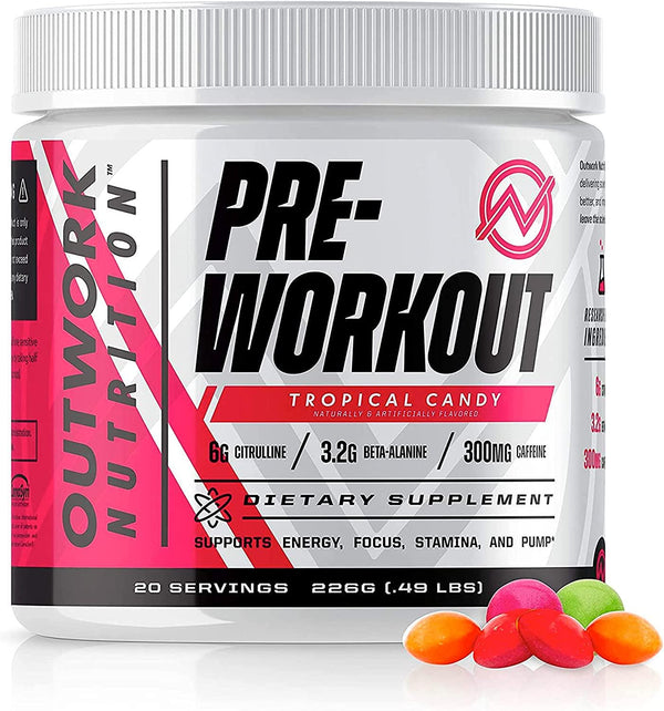 Outwork Nutrition Pre-Workout Supplement with Nootropics - Energy and Mental Focus for Better Workouts - Backed by Science (Tropical Candy, 226 Grams)