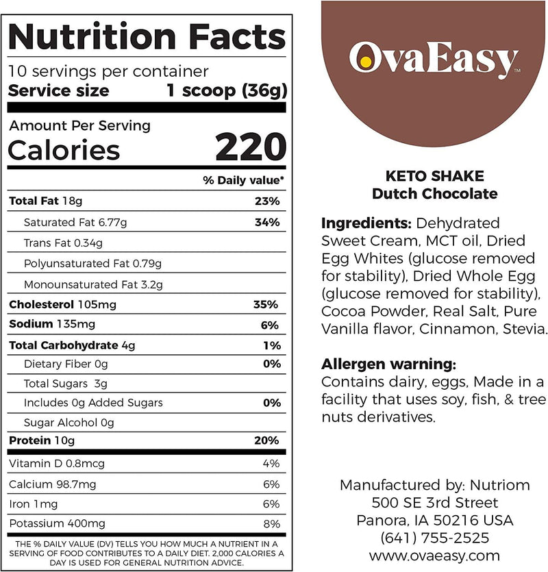 OvaEasy Keto Shake Dutch Chocolate Protein Powder, Meal Replacement for Weight Loss, 12.7 Ounces