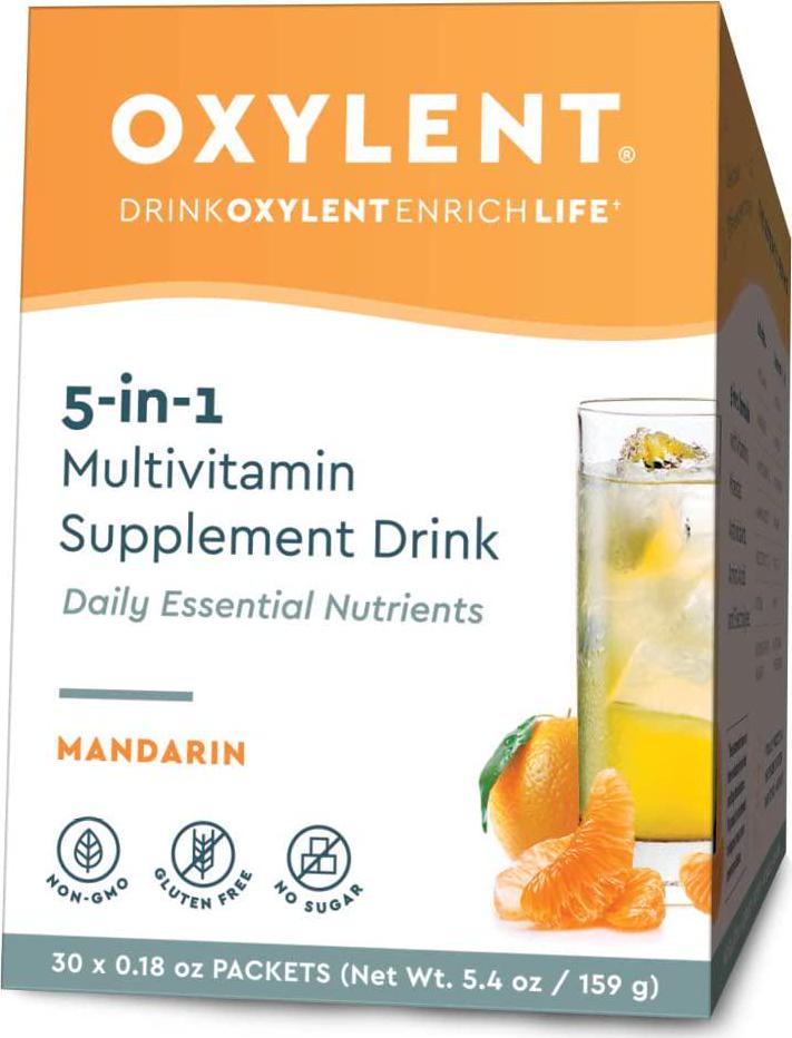 Oxylent 5-in-1 Multivitamin Powder Supplement Drink Mix - Sugar-Free and Effervescent for Easy Absorption of Vitamins, Minerals, Electrolytes, Antioxidants - Mandarin Flavor, 30 Count