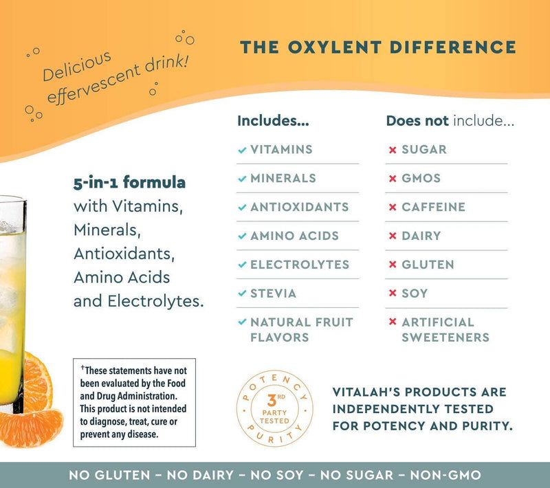 Oxylent 5-in-1 Multivitamin Powder Supplement Drink Mix - Sugar-Free and Effervescent for Easy Absorption of Vitamins, Minerals, Electrolytes, Antioxidants - Mandarin Flavor, 30 Count