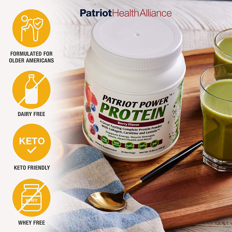 PATRIOT HEALTH ALLIANCE Patriot Power Protein Berry, 10g of Collagen Per Svg - Perfect for Post-Workout - Support Heart, Energy, and Muscle Growth, Recover with Amino Acids - Plant-Based and Keto Friendly