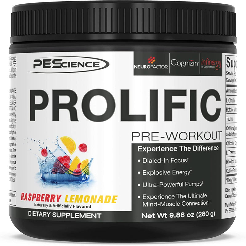 PEScience Prolific Pre Workout, Raspberry Lemonade, 40 Scoop, Energy Supplement with Nitric Oxide