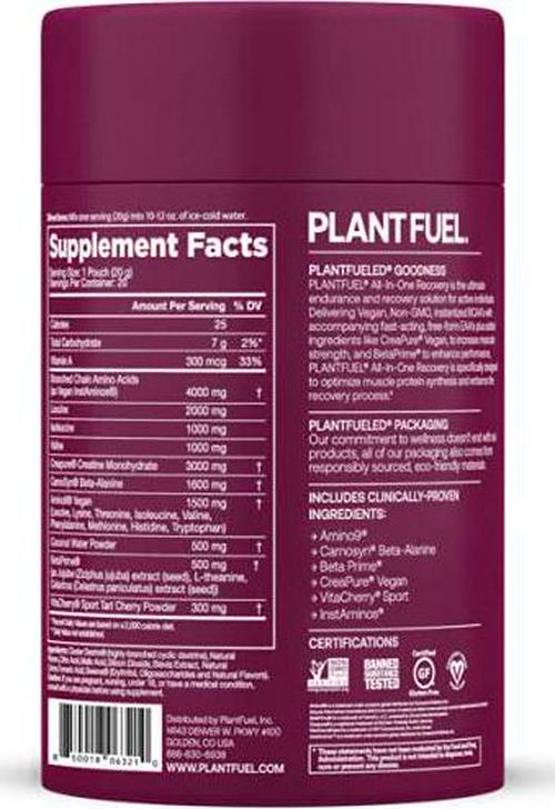 PLANTFUEL Vegan All-in-One Recovery Post Workout Drink - Plant Based, 3g of Creatine, 5.5g of BCAA's and EAA's Berry Breeze (20 Servings)