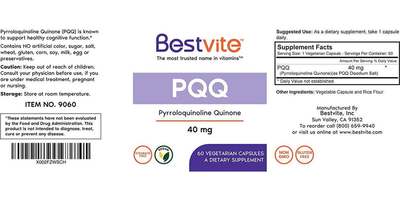 PQQ 40mg (Pyrroloquinoline Quinone) (60 Vegetarian Capsules) - No Stearates - Vegan - Non GMO - Gluten Free
