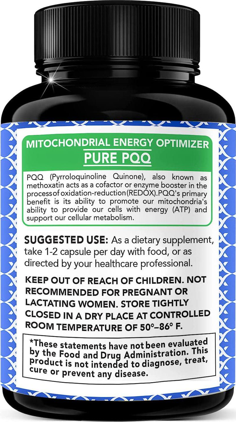 PQQ Supplement Veggie Capsules (Pyrroloquinoline Quinone), 99,7%+ Highly Purified - Promotes Mitochondrial Biogenesis, Energy Optimizer, Heart Health, Cognitive Function and Sleep Support (180CT)