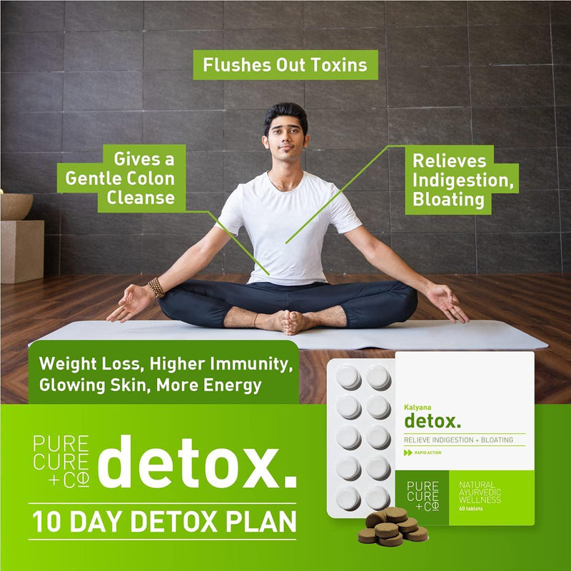 PURECURE+CO Detox Supplement 250 MG - 10 Day Liver + Colon Cleanse for Weight Loss and Glowing Skin | Fast-Acting, Pure, Natural and Vegetarian, Gluten-Free, Ayurvedic Herbs Formulation - 60 Tablets