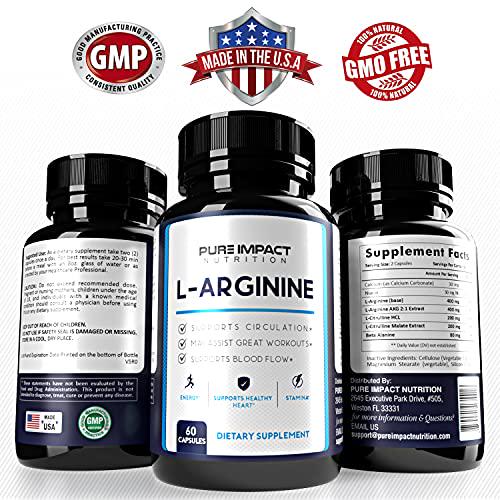 PURE IMPACT Nutrition L arginine |1340mg Nitric Oxide Booster with L-Citrulline | Essential Amino Acids for Heart Health | Supplement for Muscle Growth, Pumps, Endurance and Energy | 60 Capsules
