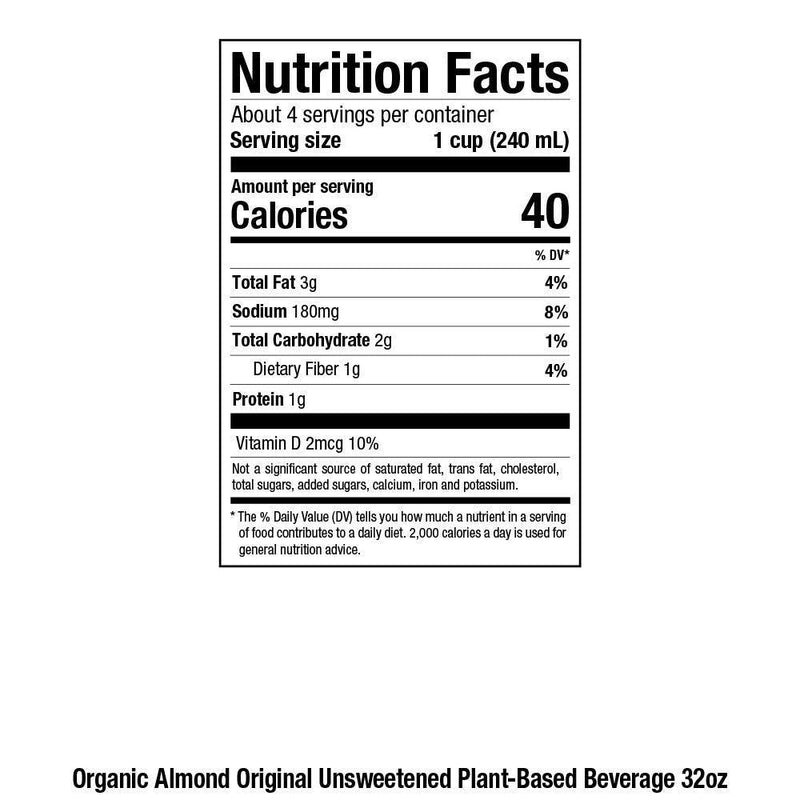 Pacific Foods Organic Almond Non-Dairy Beverage, Unsweetened Original,Keto Friendly, 32-Ounce (Pack of 12)