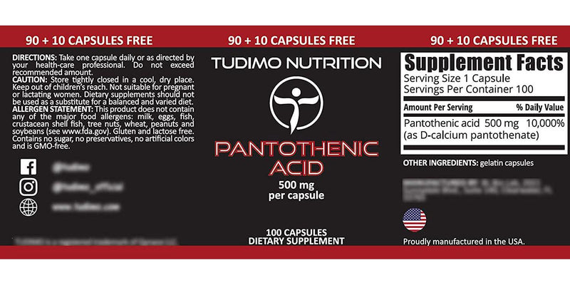 Pantothenic Acid 500mg 100 pcs (3+ Month Supply) of Rapidly Disintegrating Capsules, Each with 500 mg of Premium Quality and Pure Pantothenic Acid Powder, by TUDIMO
