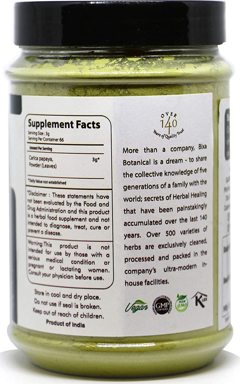 Papaya Leaf Powder (Carica Papaya) | Ayurvedic Herb, Anti-oxidant Agent | Herbal Supplement (200g/7Oz) Bixa Botanical