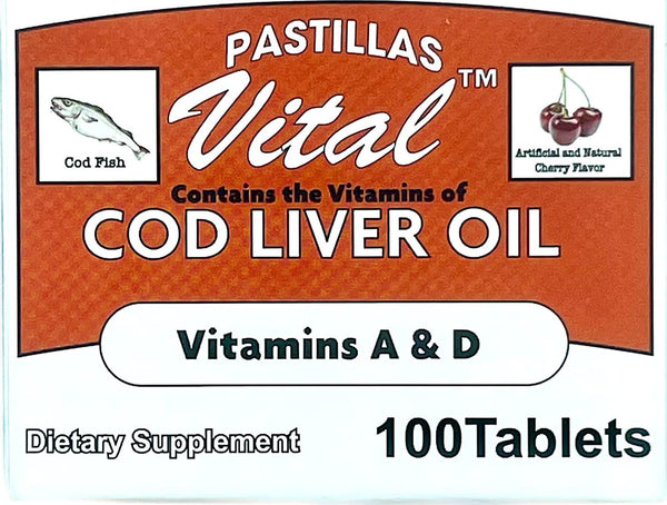 Pastillas Vital Cod Fish Liver Oil 100 Tablets, Vitamin A and D and Reinforced with Vitamin C