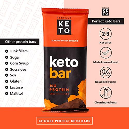 Perfect Keto Bars - The Cleanest Keto Snacks with Collagen and MCT. No Added Sugar, Keto Diet Friendly - 3g Net Carbs, 19g Fat, 10g protein - Keto Diet Food Dessert (Almond Butter Brownie, 12 Bars)