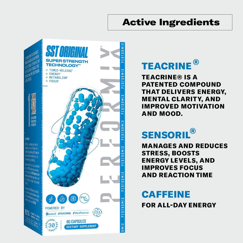Performix SST Thermogenic Supplement - 60 Capsules - Focus, Energy Booster for Men and Women - TeaCrine, Caffeine, Sensoril, Vitamin B12