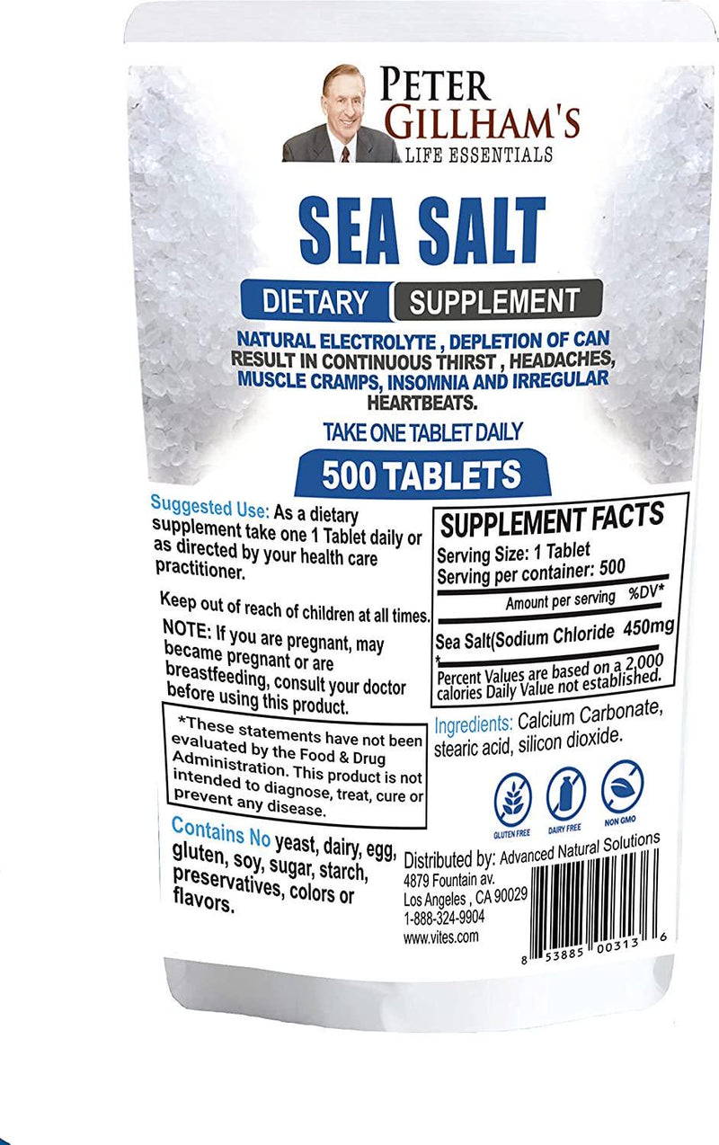 Peter Gillham s Sea Salt, Sodium Chloride 450mg, Essential Electrolyte Support and Balance, Rapid Hydration and Muscle Cramp Relief, Intermittent Fasting, Keto and Paleo Friendly, 500 Tablets, Made in USA