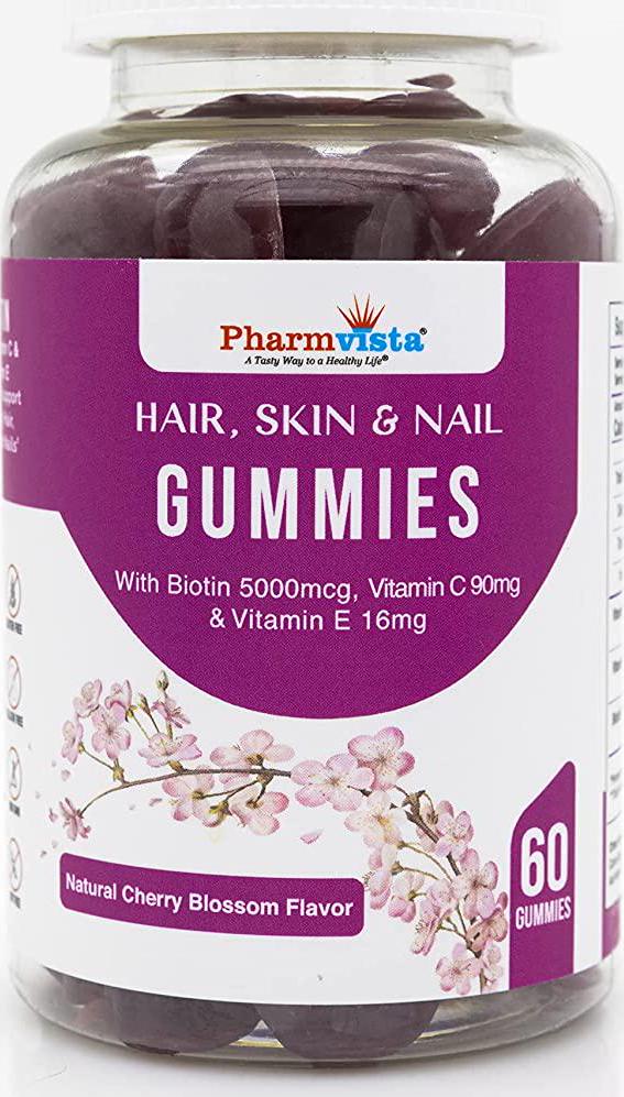 Pharmvista Hair Skin and Nail Gummies with Biotin, Vitamin C and E - Vegan, Gluten Free and Non-GMO Ingredients - 90 Count