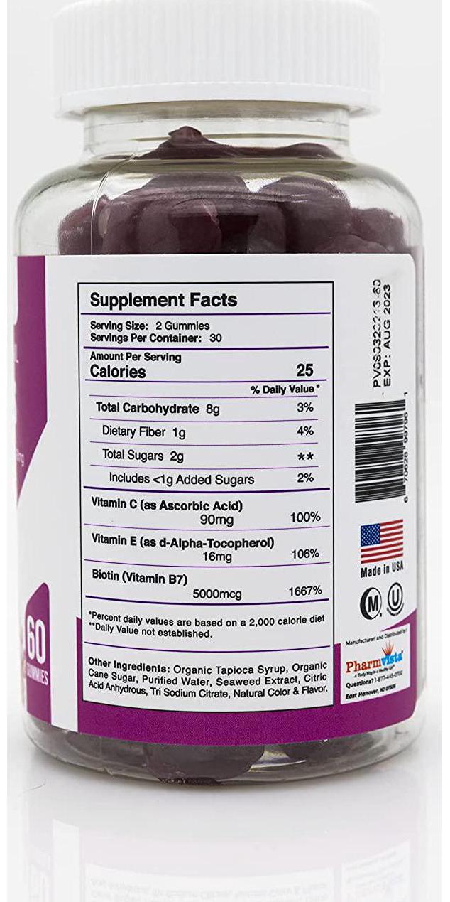 Pharmvista Hair Skin and Nail Gummies with Biotin, Vitamin C and E - Vegan, Gluten Free and Non-GMO Ingredients - 90 Count