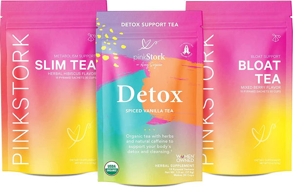 Pink Stork Fit Tea Bundle: Organic Tea Bundle to Support Detoxification, Cleansing, Bloating, Weight Loss for Women, Metabolism, Gas Relief + Digestion, Green Tea, Ginger, Turmeric, Women-Owned