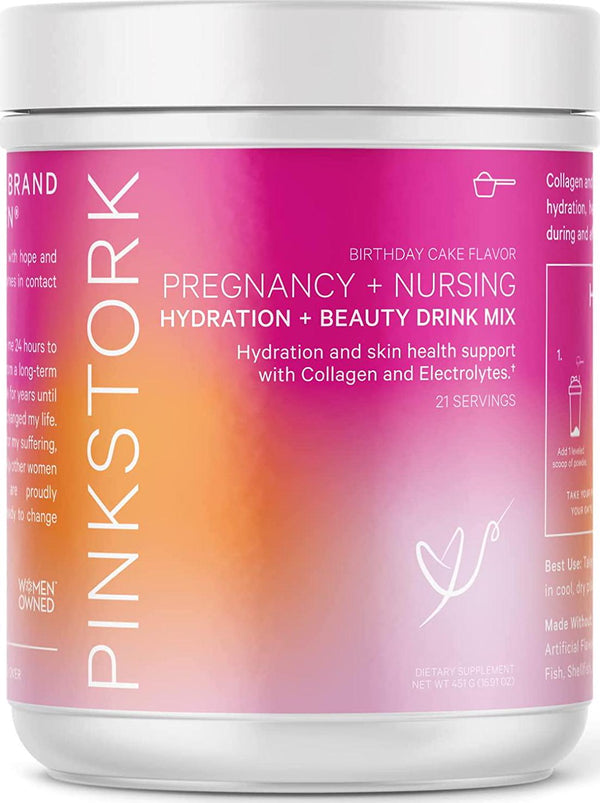 Pink Stork Hydration + Beauty Drink Mix for Pregnancy + Nursing: Collagen + Electrolytes + Protein Powder, Nausea Relief, Pregnancy Must Haves, Women-Owned, Birthday Cake Flavor, 21 Servings