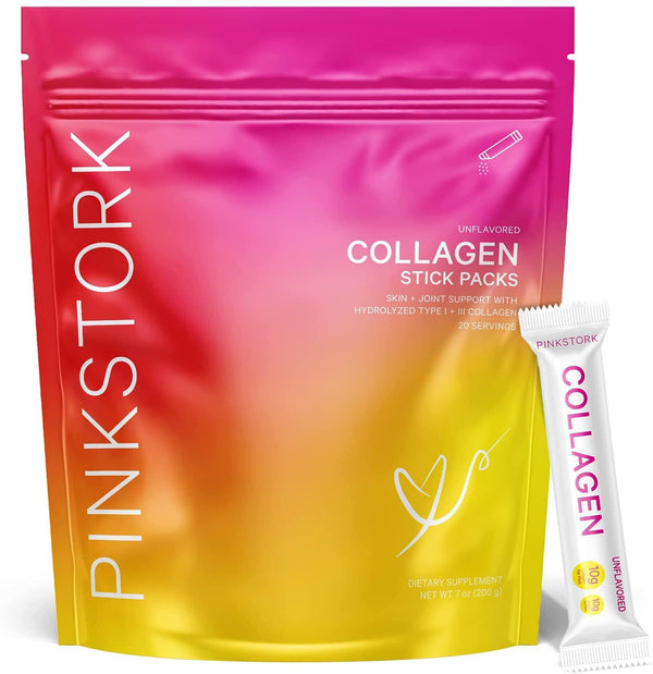Pink Stork Total Collagen Powder Protein Sticks: 20 Single Serving Packets, Unflavored, Hydrolyzed Bovine Collagen Peptides Drink Powder, Healthy Hair, Skin, and Nails + Weight Loss, Women-Owned