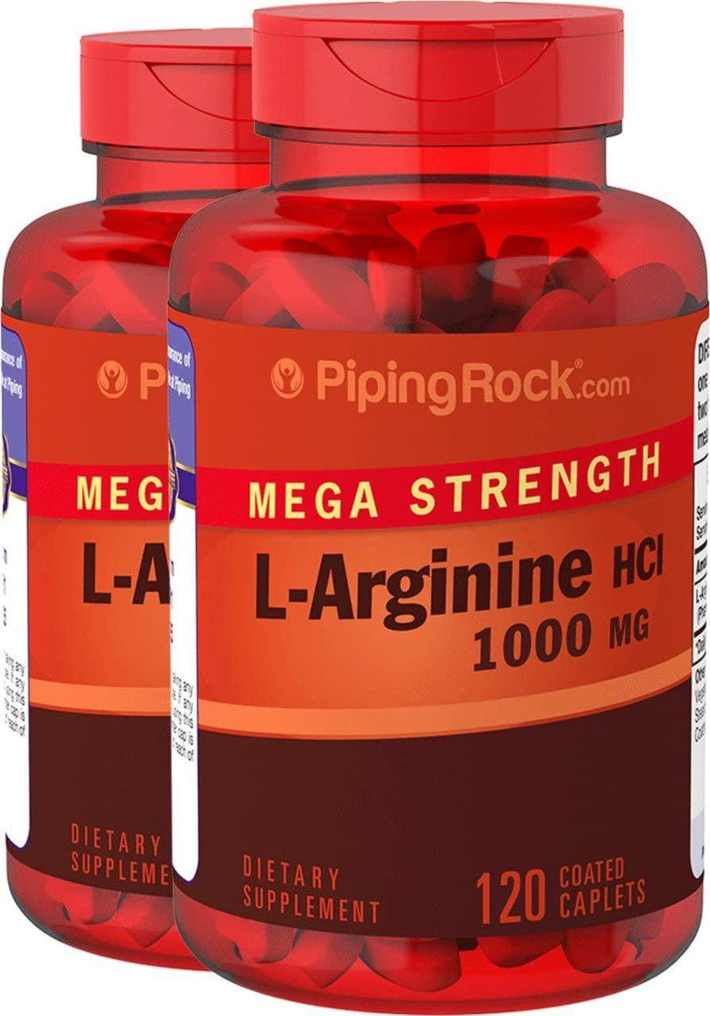 Piping Rock Mega Strength L-Arginine Free Form HCL Pharmaceutical Grade 1000 mg 2 Bottles x 120 Coated Caplets Dietary Supplement