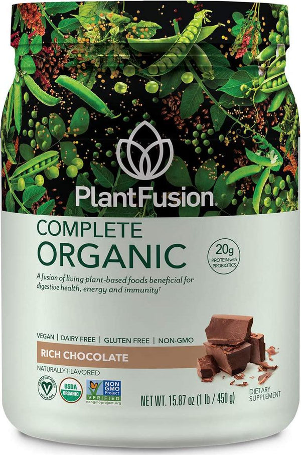 PlantFusion Complete Organic Plant Based Pea Protein Powder | Fermented Superfoods | Vegan, Gluten Free, Non Dairy, Soy Free, Chocolate, 1 LB