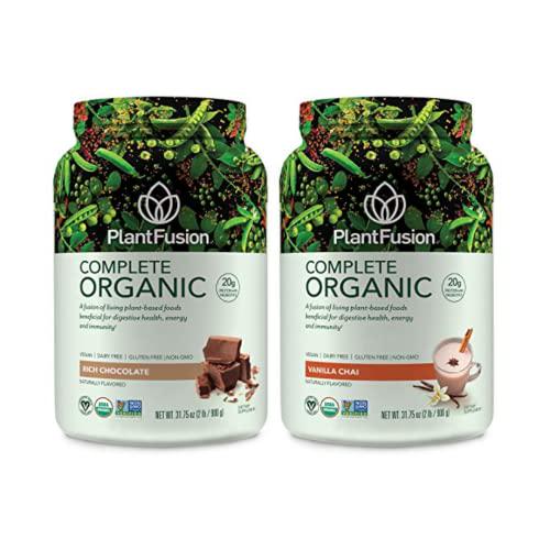 PlantFusion Complete Organic Plant Based Pea Protein Powder Bundle, Fermented Superfoods, Vegan, Gluten Free, Soy Free, Vanilla 2 LB and Chocolate 2 LB