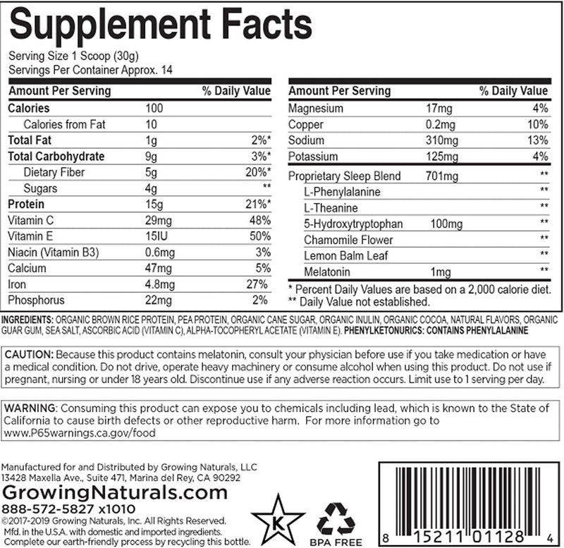 Plant Based Protein and Melatonin Sleep Aid Powder - P.M. Nighttime Fiber Hunger Suppressant -All In One Nutritional Shake - Divine Dark Chocolate - Non-GMO, Vegan, Antioxidant - 1LB - Growing Naturals