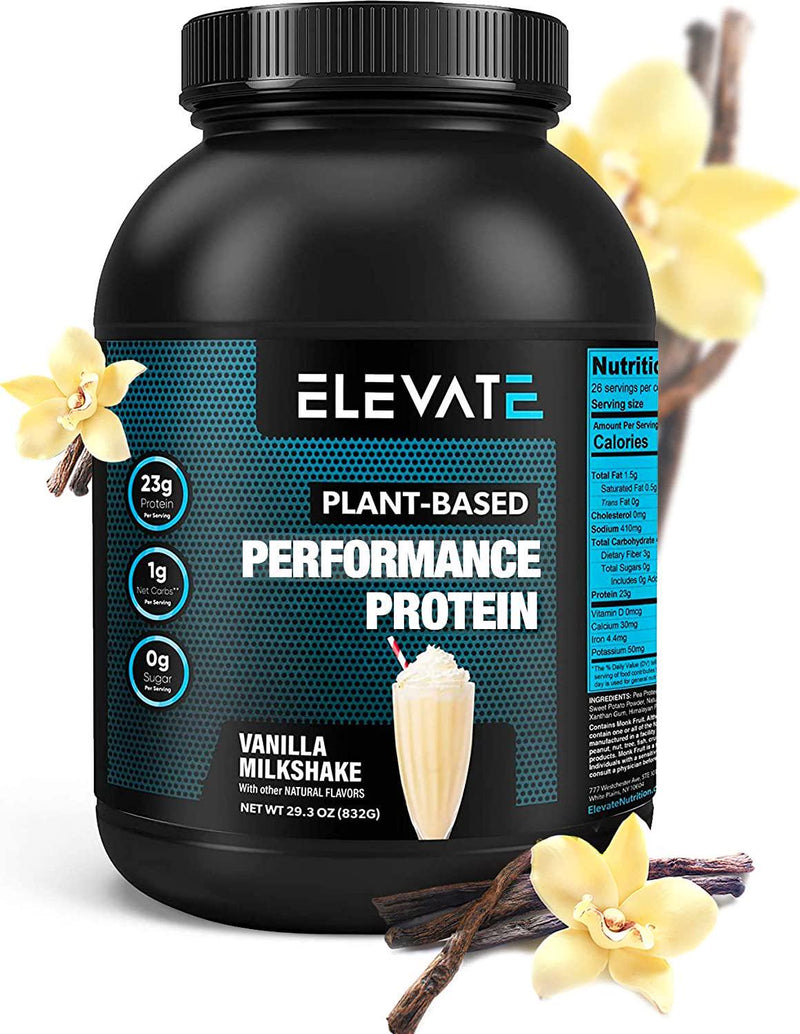 Plant Based Vegan Protein Powder with High BCAAs and Glutamine, Low Carb Protein Powder Vanilla Milkshake, Non GMO, NO Sugar, Dairy and Soy Free (26 Servings) - Elevate Nutrition