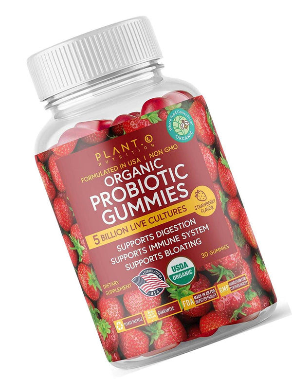 Plant.O Organic Probiotic Gummies for Women, Men and Kids [5 Billion CFUs USDA Certified] Help Support Digestion, Bloating, Constipation and Immune System, Strawberry Flavor, 30 Chewable Pro biotics