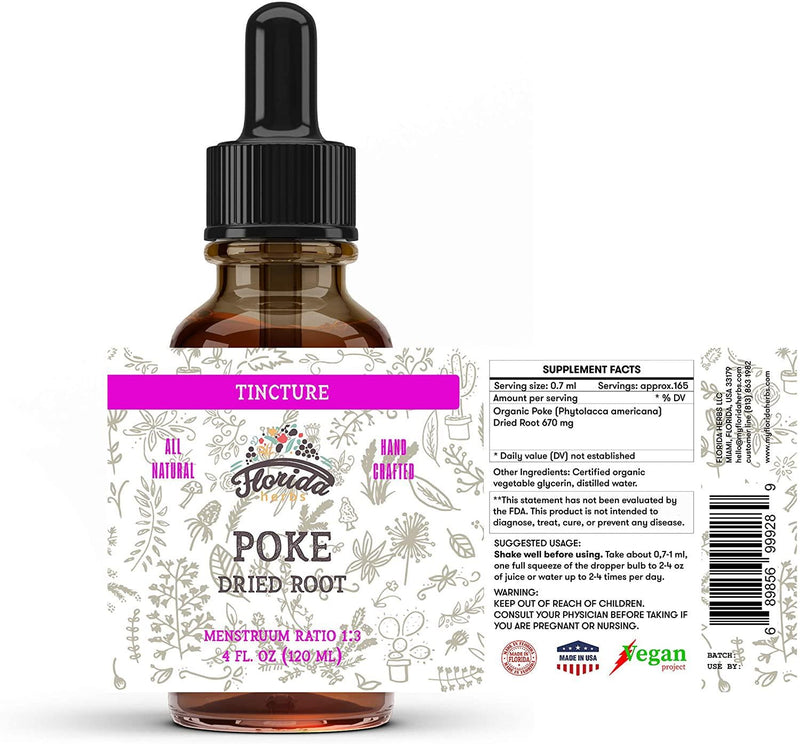 Poke Tincture, Organic Poke Extract (Phytolacca Americana) Dried Root, Non-GMO in Cold-Pressed Organic Vegetable Glycerin, Florida Herbs Supplements