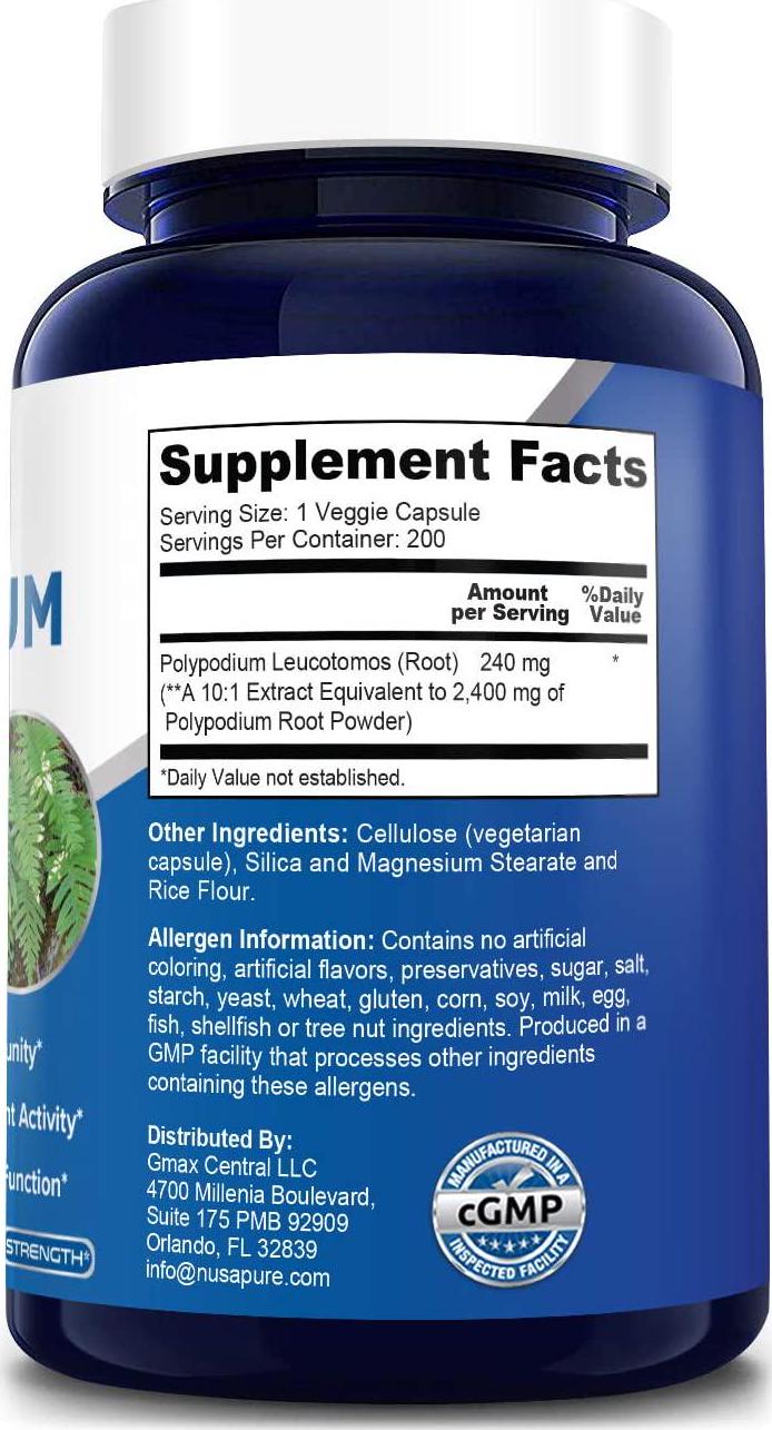 Polypodium Leucotomos Extract 240mg 200 Veggie Capsules (Vegetarian, Non-GMO and Gluten Free) Antioxidant Properties, Natural Skin Care Supplement