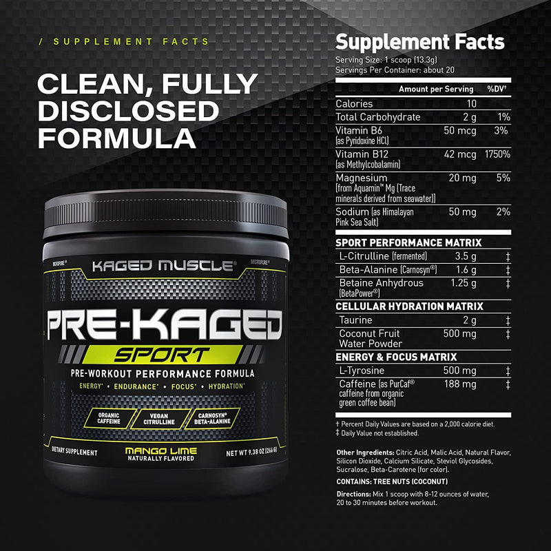 Pre Workout Powder; Kaged Muscle Pre-Kaged Sport Pre Workout For Men And Women, Increase Energy, Focus, Hydration, and Endurance, Organic Caffeine, Plant Based Citrulline, Mango Lime