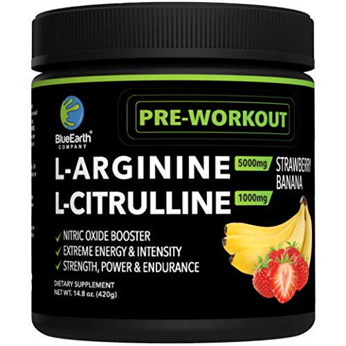 Pre Workout Powder L-Arginine 5000mg L-Citrulline 1000mg Supplement - Nitric Oxide Booster Creatine, Beta Alanine, Caffeine for PreWorkout Energy - Strawberry Banana 420g - BlueEarth Company