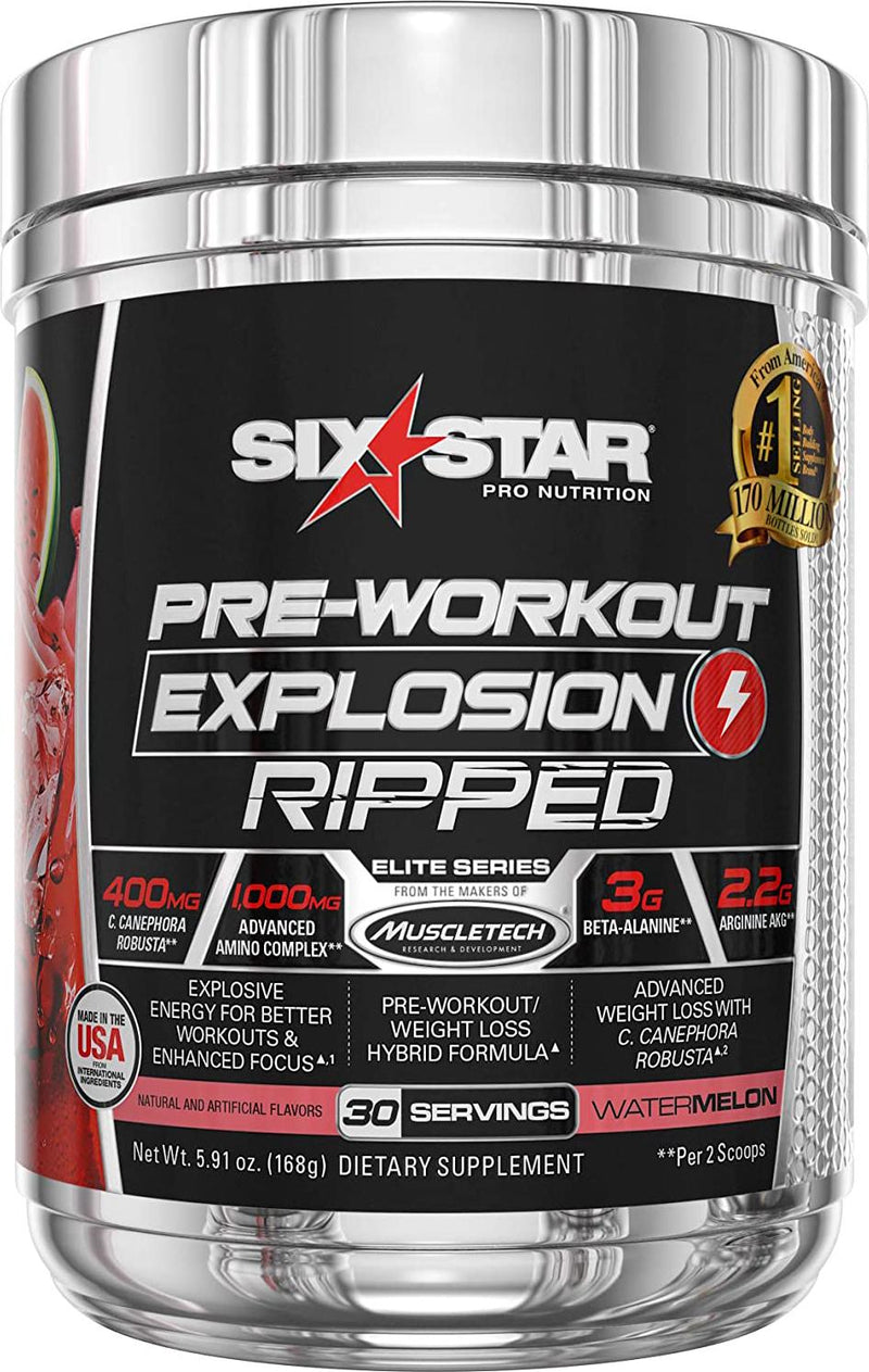 Pre Workout + Weight Loss | Six Star PreWorkout Explosion Ripped | Pre Workout Powder for Men and Women | PreWorkout Energy Powder Drink Mix | Sports Nutrition Pre-Workout Products, Watermelon, 30 Serv