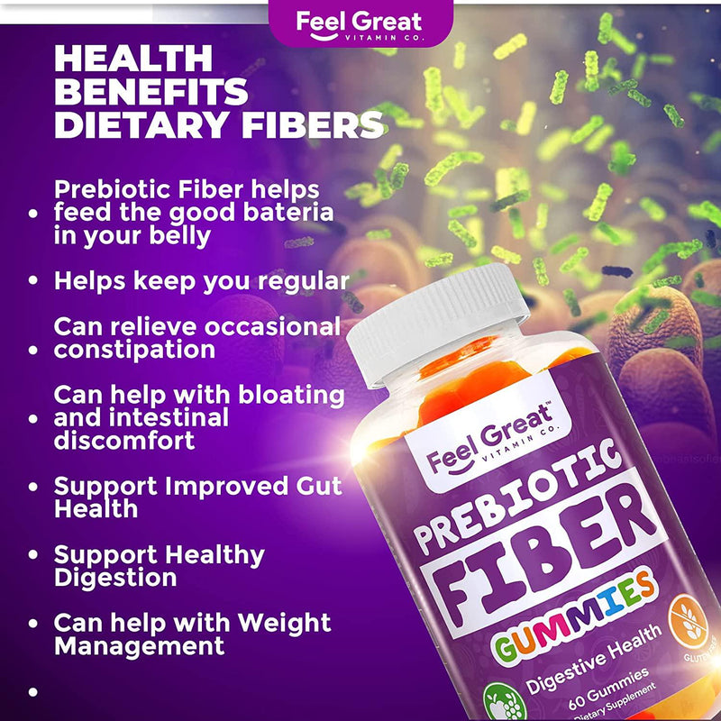 Prebiotic Fiber Gummies by Feel Great Vitamin Co (60 Gummies) | Helps Improve Digestive Health, Restore Natural Gut Flora, and Support Overall Health and Immunity* | Vegetarian and Vegan Friendly Chew