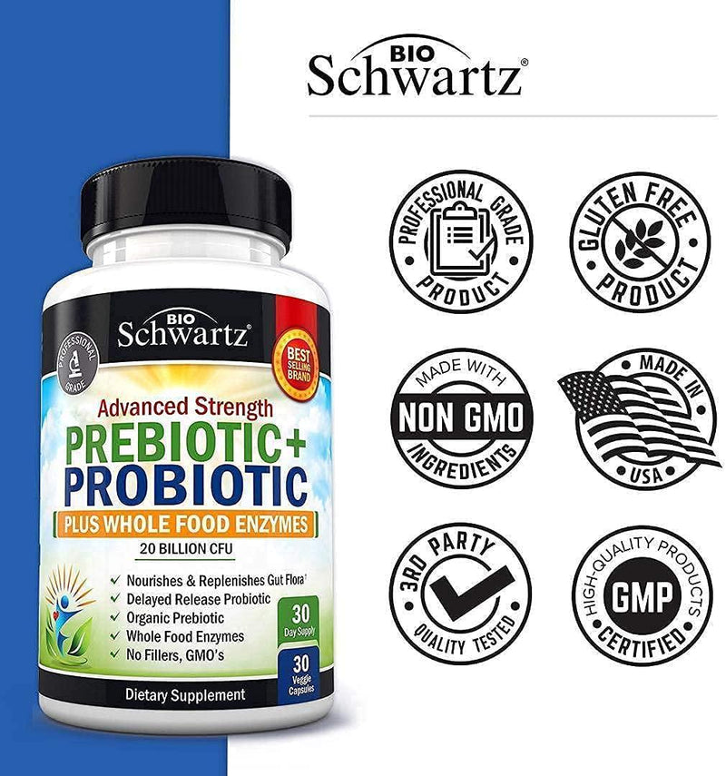 Prebiotic + Probiotic Plus Whole Food Enzymes Supplement for Men and Women. 20 Billion CFU-Whole Health Nutrition and Complete Digestive Support with Lactobacillus Acidophilus - 30 Capsules