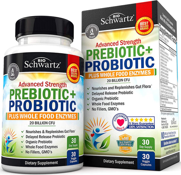 Prebiotic + Probiotic Plus Whole Food Enzymes Supplement for Men and Women. 20 Billion CFU-Whole Health Nutrition and Complete Digestive Support with Lactobacillus Acidophilus - 30 Capsules