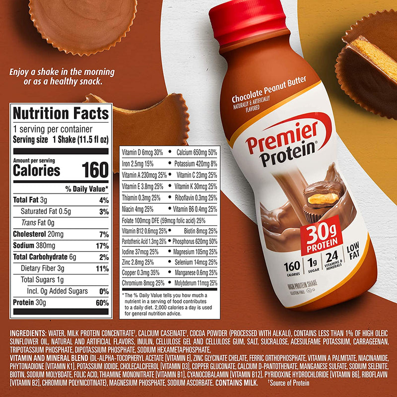 Premier Protein Shake, Chocolate Peanut Butter, 30g Protein, 1g Sugar, 24 Vitamins and Minerals, Nutrients to Support Immune Health, 11.5 Fl Oz, 12 Count